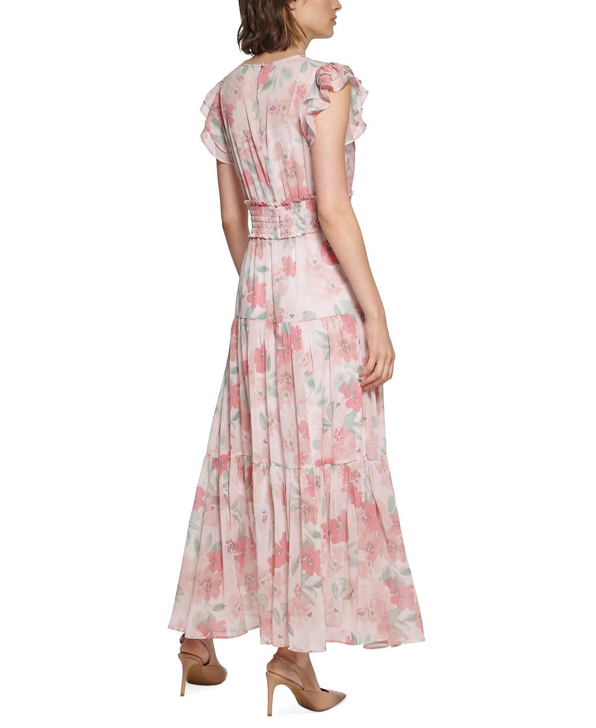 Calvin Klein Women's Floral Print Smocked Waist Tiered Maxi Dress Pink Size 16