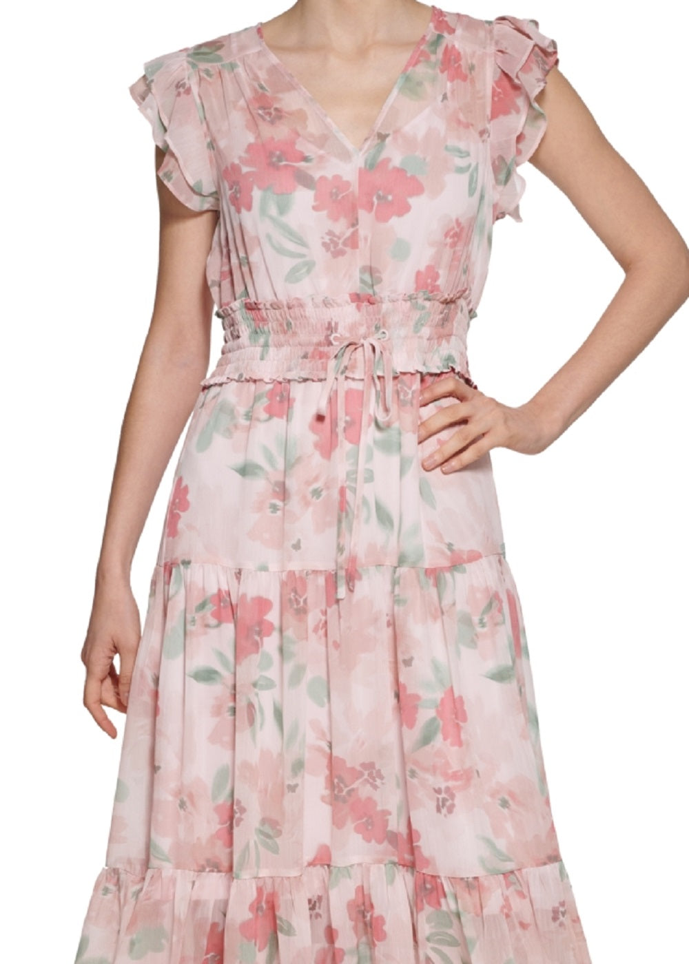 Calvin Klein Women's Floral Print Smocked Waist Tiered Maxi Dress Pink Size 16