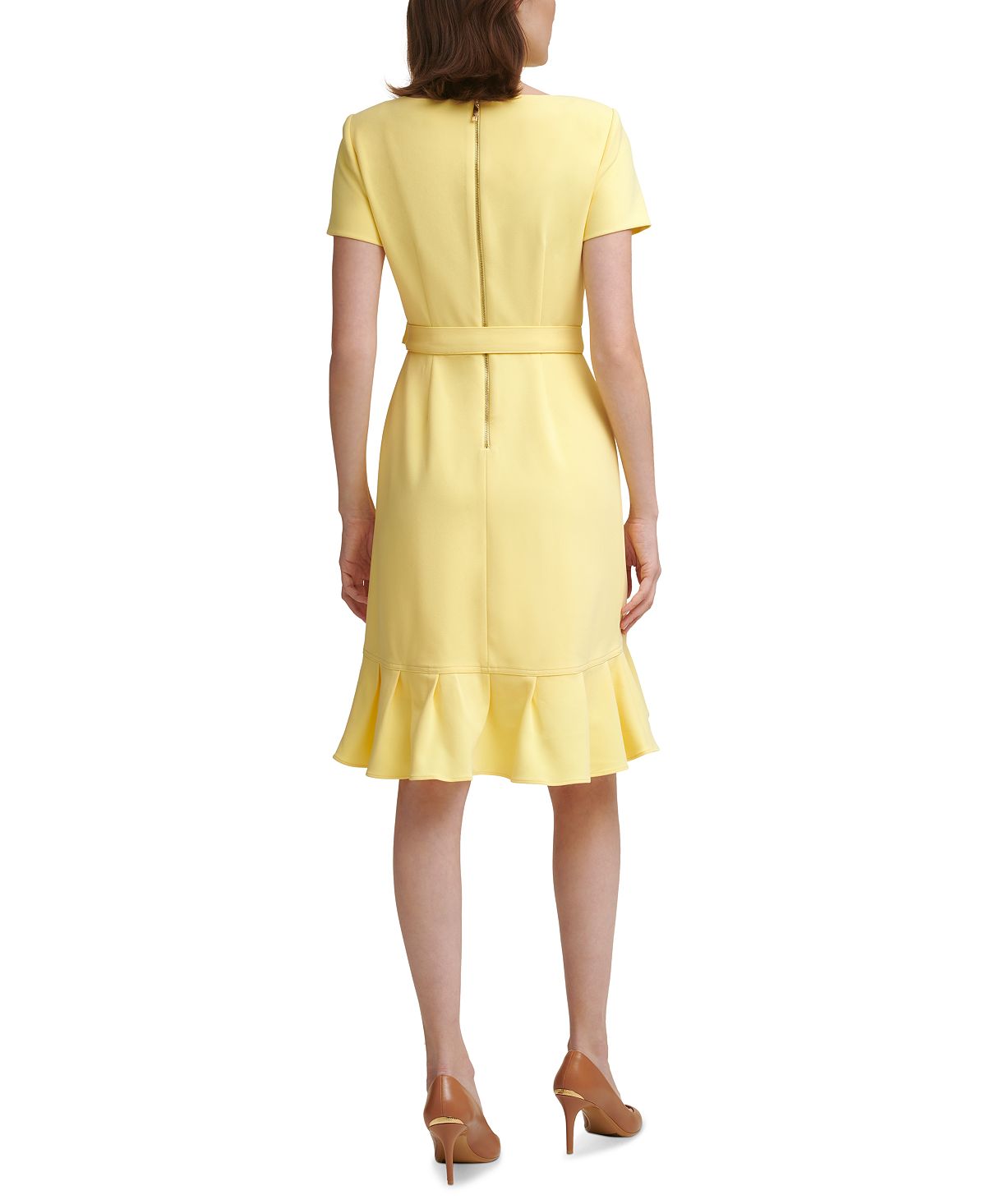 Calvin Klein Women's Ruffle Hem Scuba Crepe Dress Yellow Size 12Petite