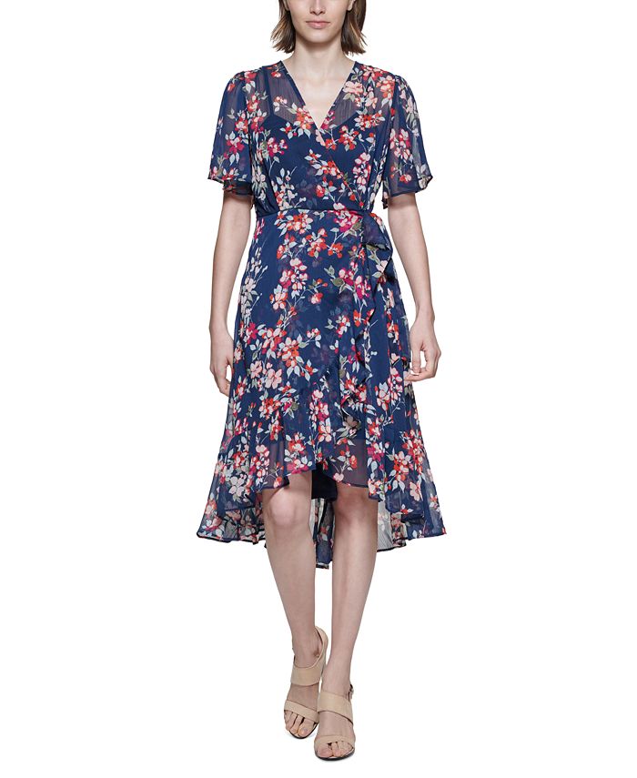 Calvin Klein Women's Surplice High Low Dress Blue Size 8Petite