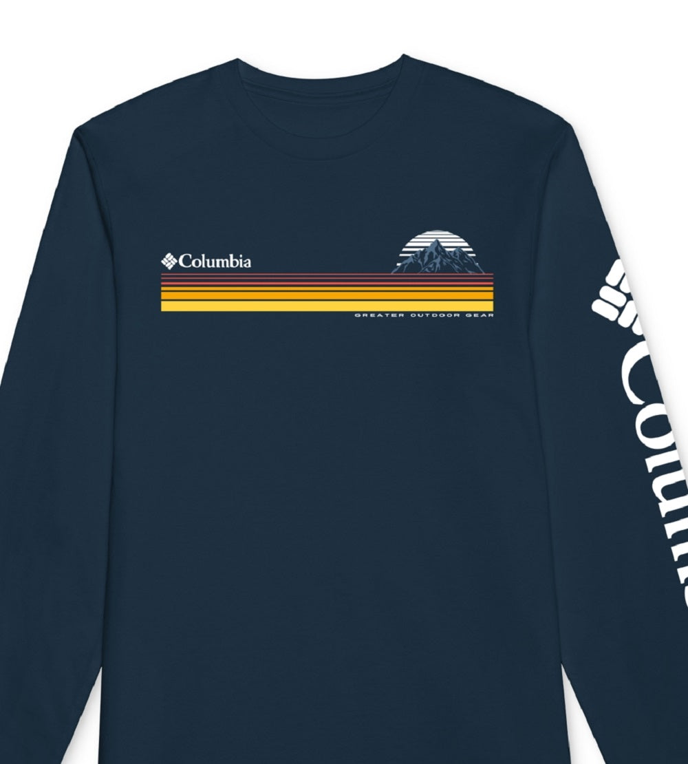 Columbia Men's Classic Fit Stripe Logo Graphic Long Sleeve T-Shirt Blue Size Small