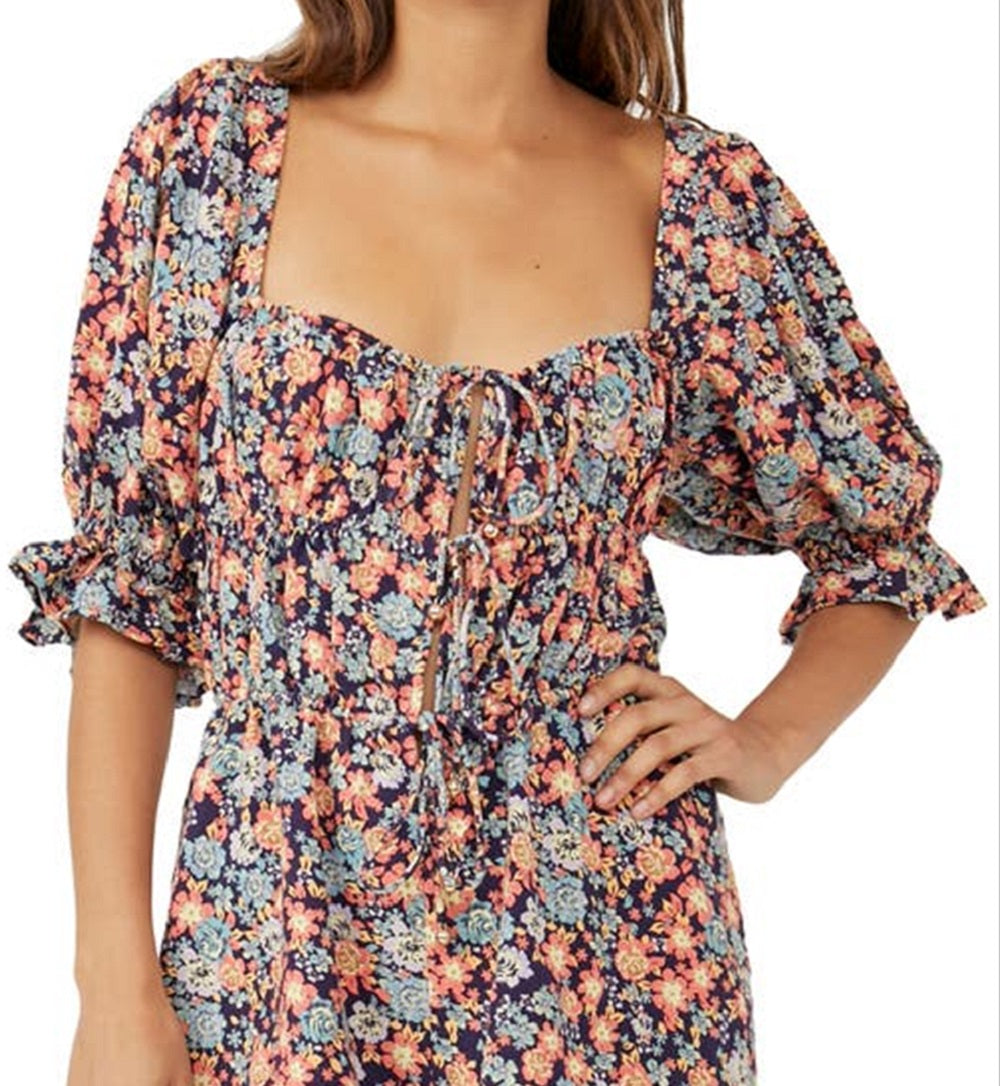 Free People Women's Show Me Love Linen Blend Romper Blue Size X-Small