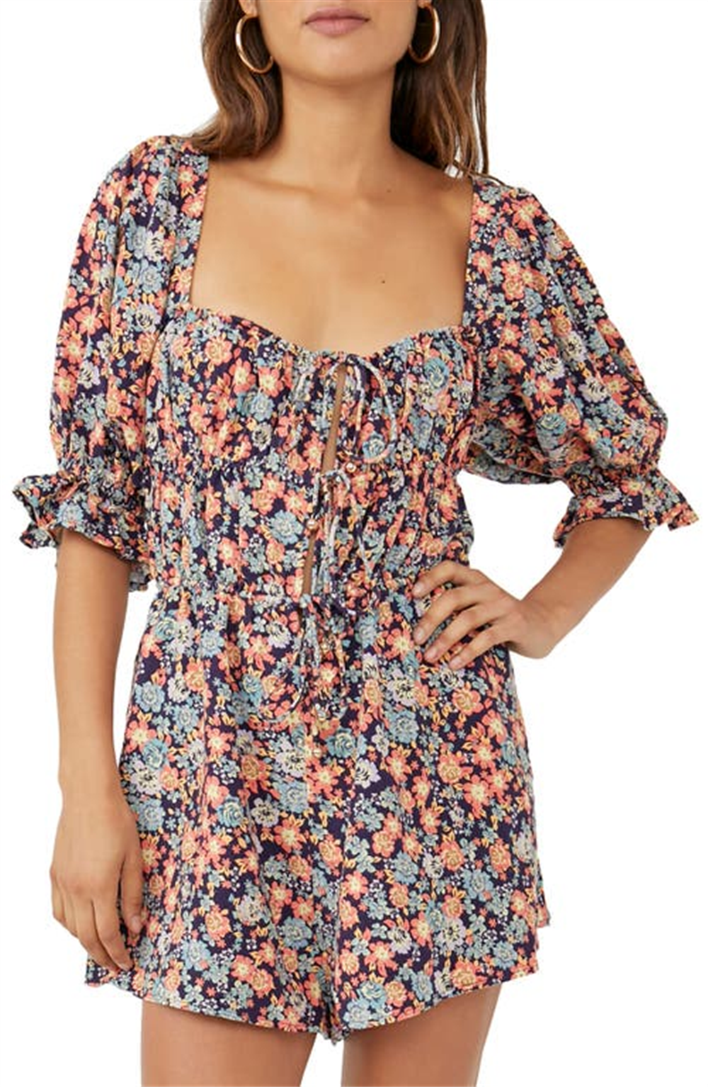 Free People Women's Show Me Love Linen Blend Romper Blue Size X-Small