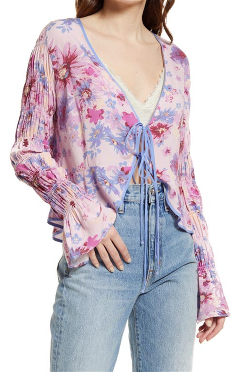 Free People Women's Venice Floral Tie Front Top Purple Size X-Small