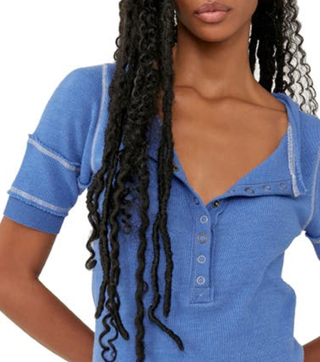 Free People Women's On The Run Cotton Blend Henley Blue Size Medium