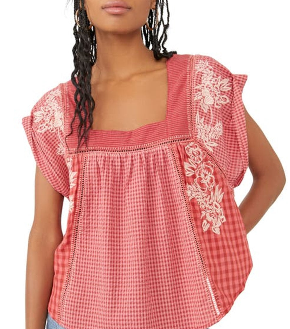 Free People Women's Half Moon Gingham Check Shirt Red Size Large