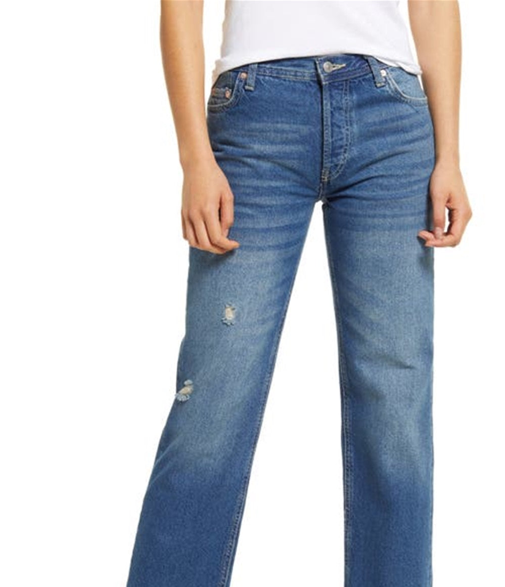 Free People Women's Maggie Ripped Ankle Straight Leg Jeans Blue Size 28