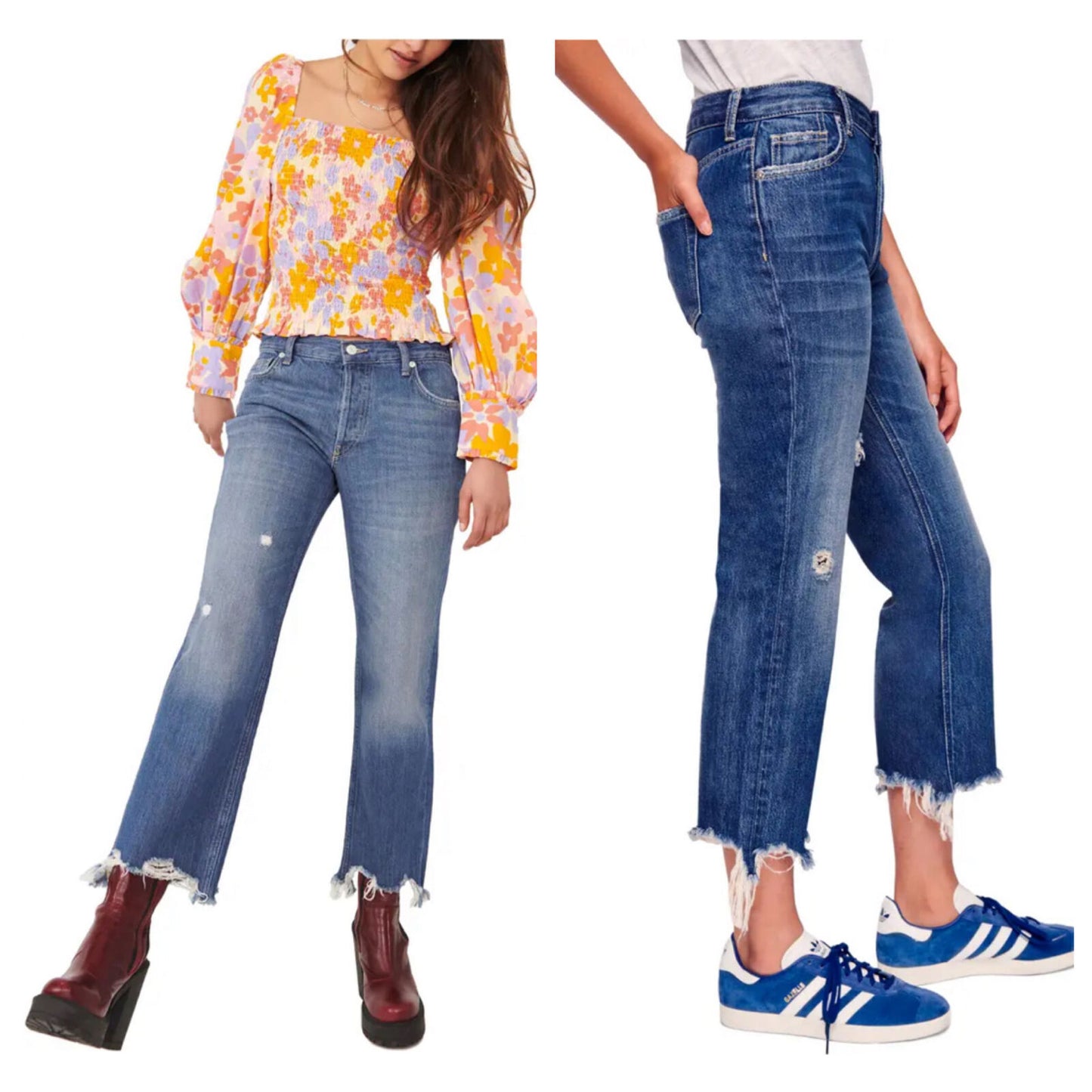Free People Women's Maggie Ripped Ankle Straight Leg Jeans Blue Size 30