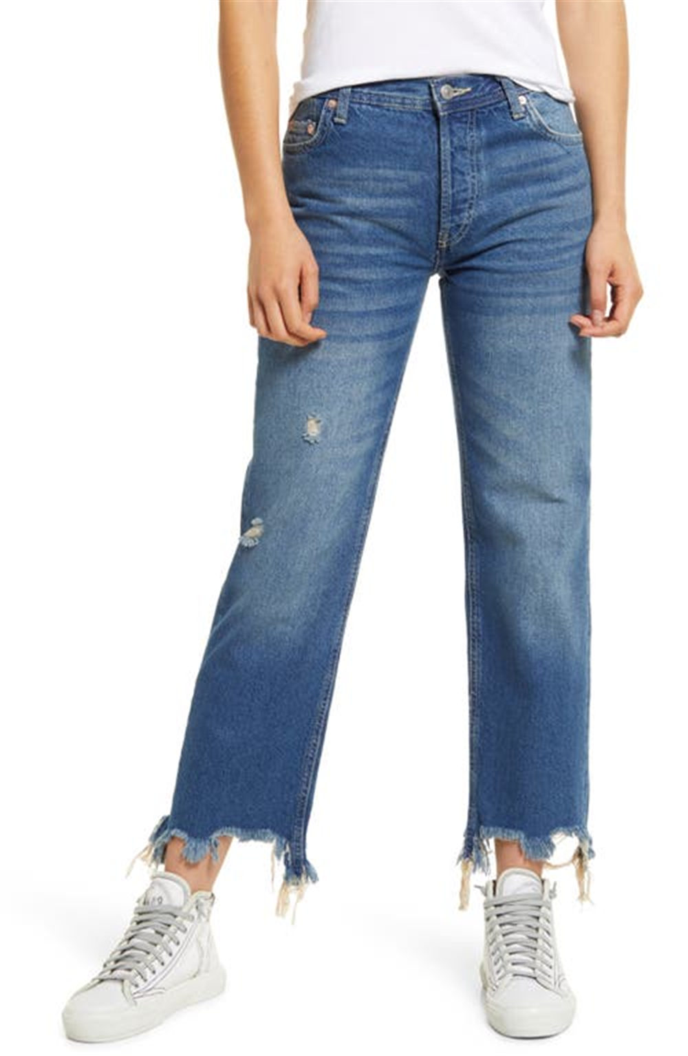 Free People Women's Maggie Ripped Ankle Straight Leg Jeans Blue Size 30