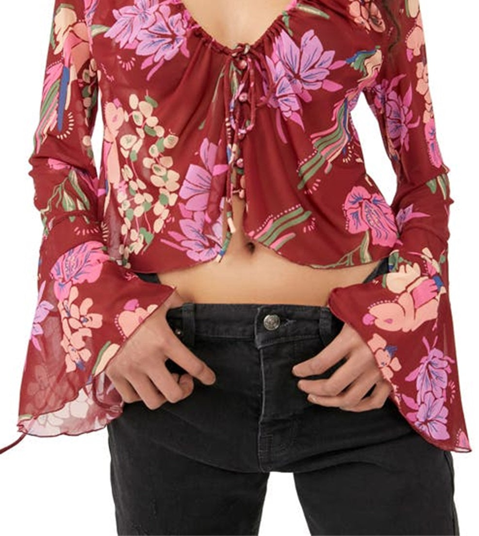Free People Women's Of Paradise Floral Bell Sleeve Blouse Pink Size Small