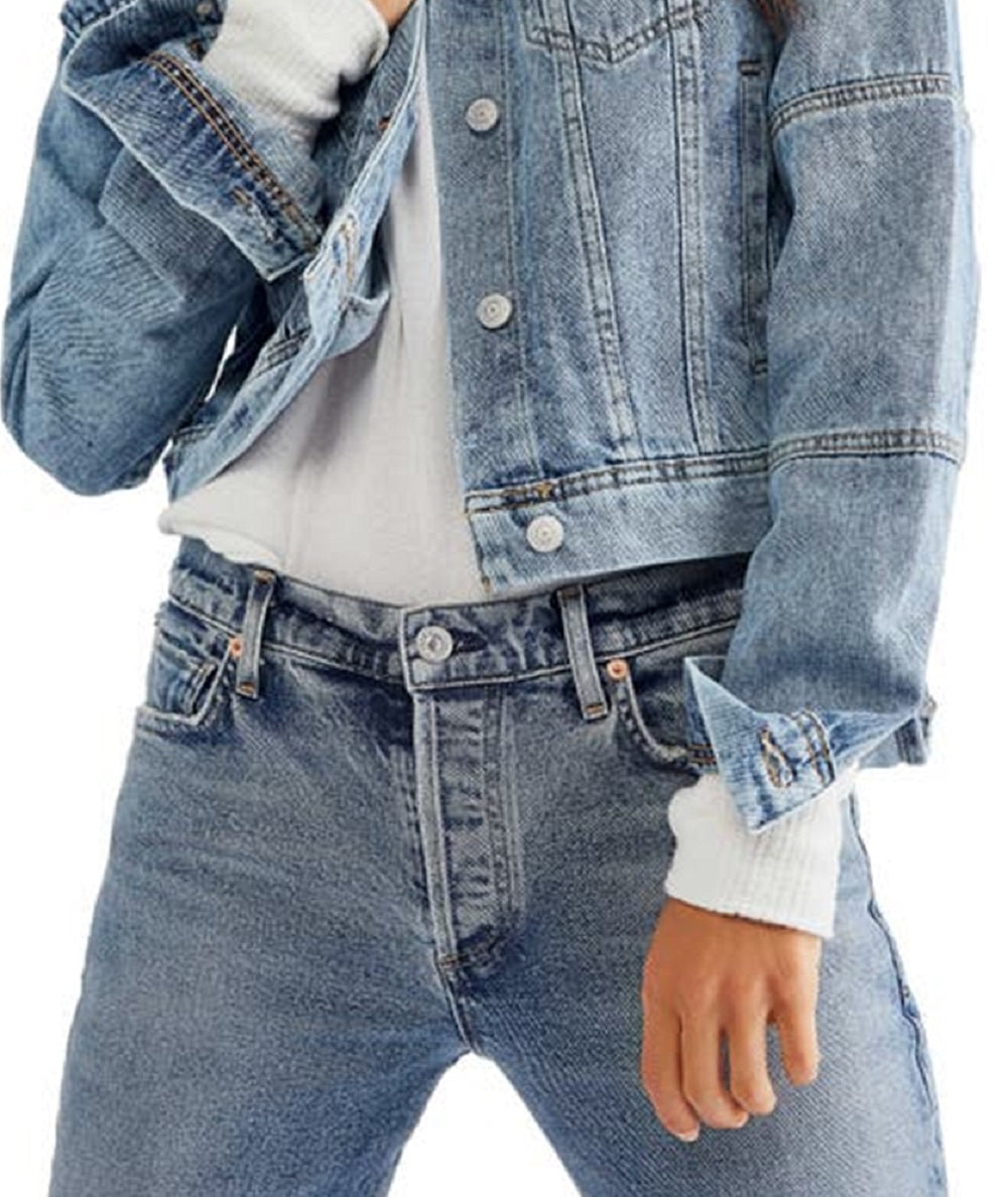 Free People Women's Rumors Crop Denim Trucker Jacket Blue Size X-Small