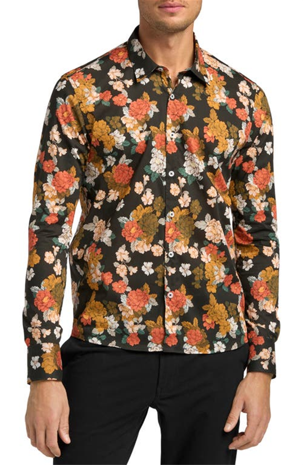 Good Man Brand Men's On-Point Stretch Button-Up Shirt In Black Tuscan Floral Size X-Large