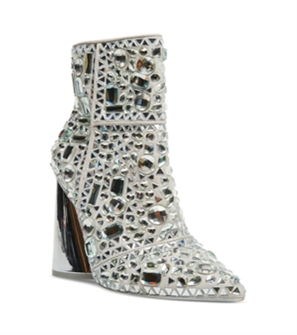 Steve Madden Women's Vayle Rhinestone Embellished Spool Heel Pointed Toe Ankle Booties Silver Size 7 M