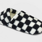 Women's Checkered Print Cozy Fleece Pull-On Slipper Socks with Grippers Black/Ivory Size S
