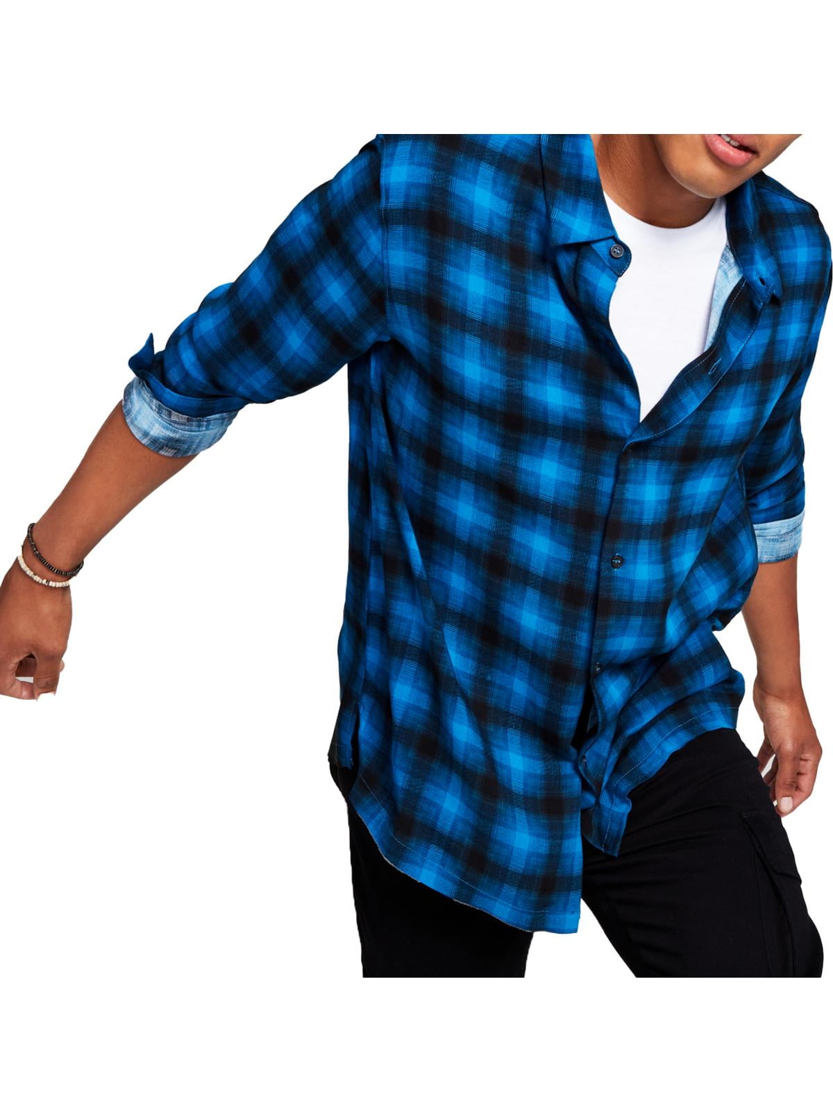 And Now This Men's Plaid Collared Button Down Shirt Blue Size Medium