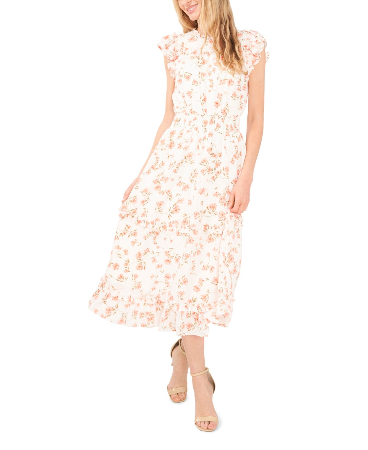 CeCe Women's Floral Smocked Ruffle Midi Dress White Size Large