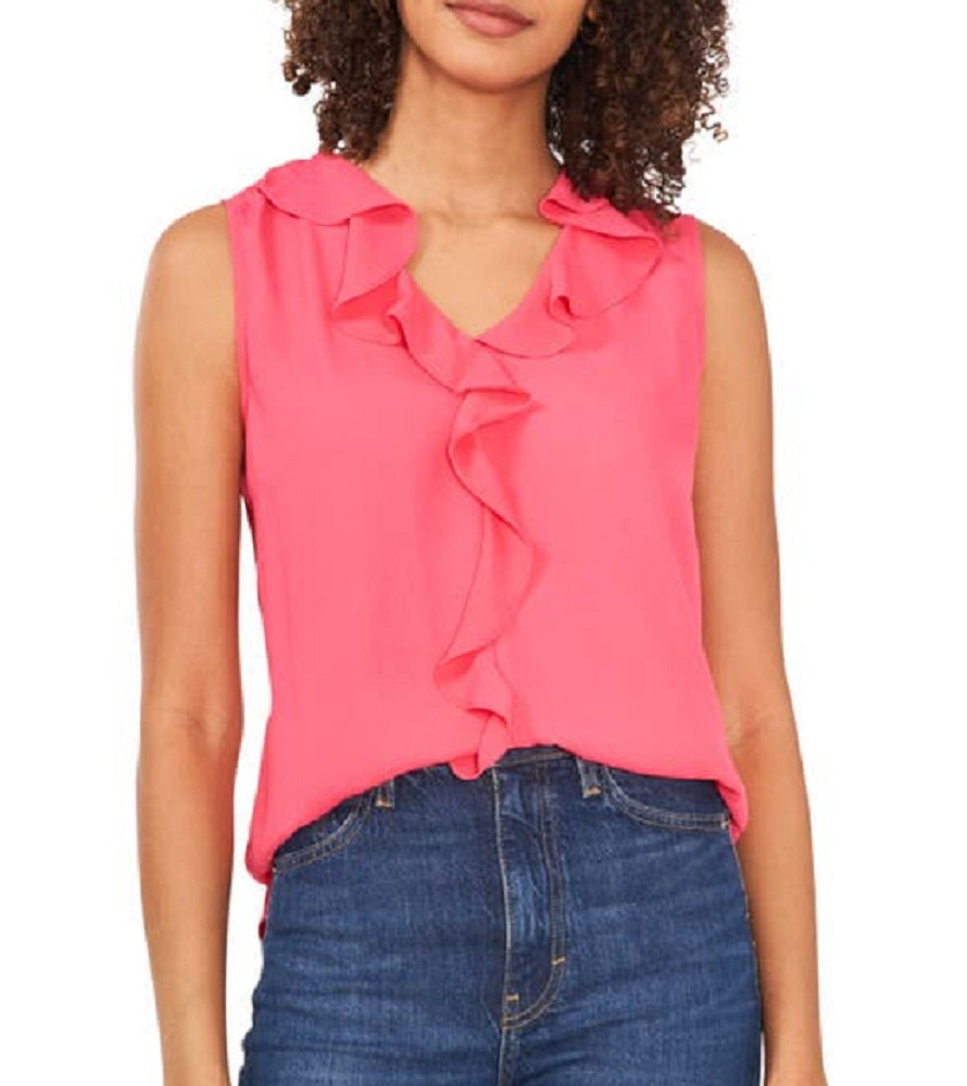 Vince Camuto Women's Ruffle Neck Sleeveless Georgette Blouse Pink Size X-Small
