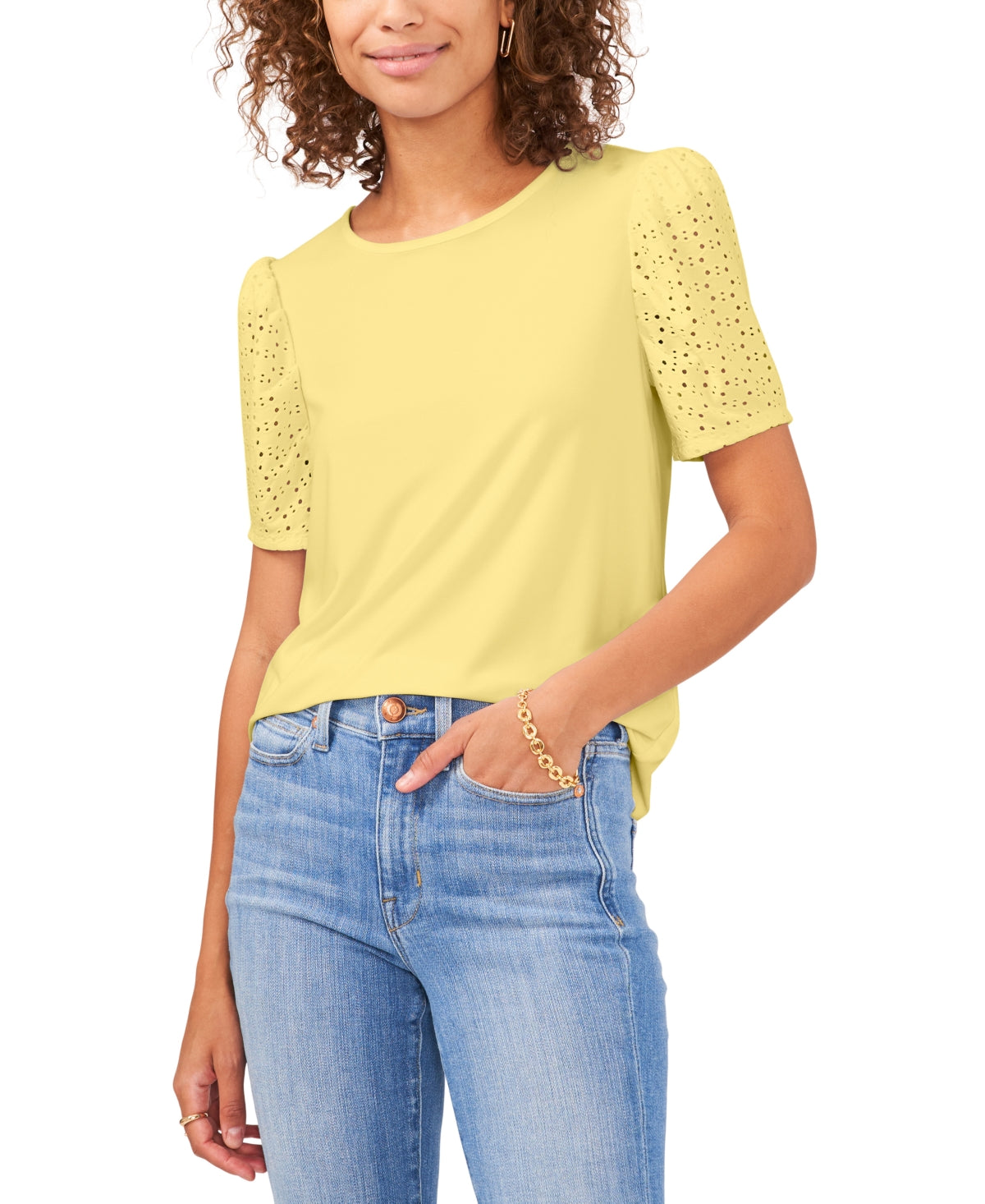 Vince Camuto Women's Eyelet Sleeve Knit Top Yellow Size Small