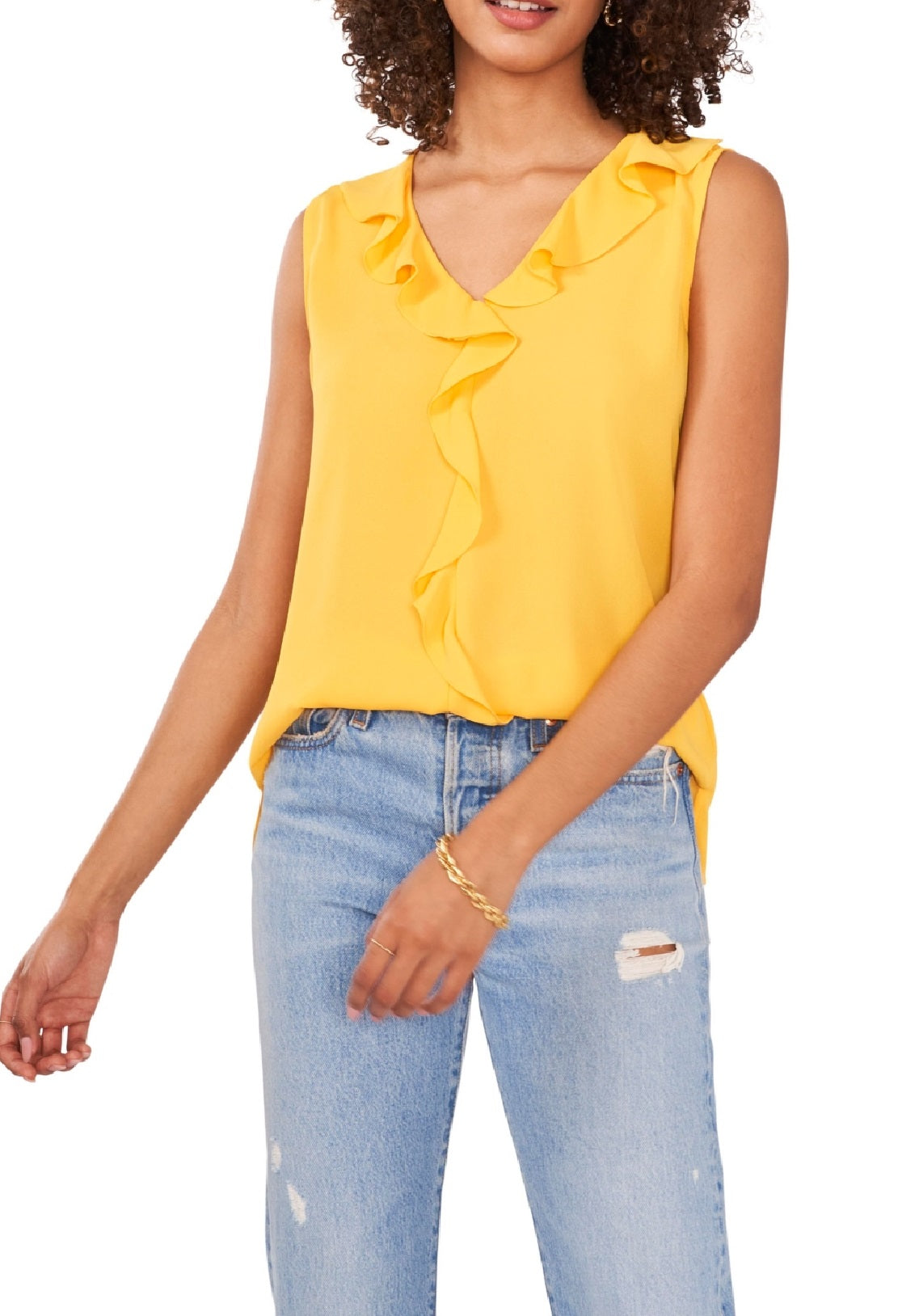 Vince Camuto Women's Ruffle Neck Sleeveless Georgette Blouse Yellow Size Medium