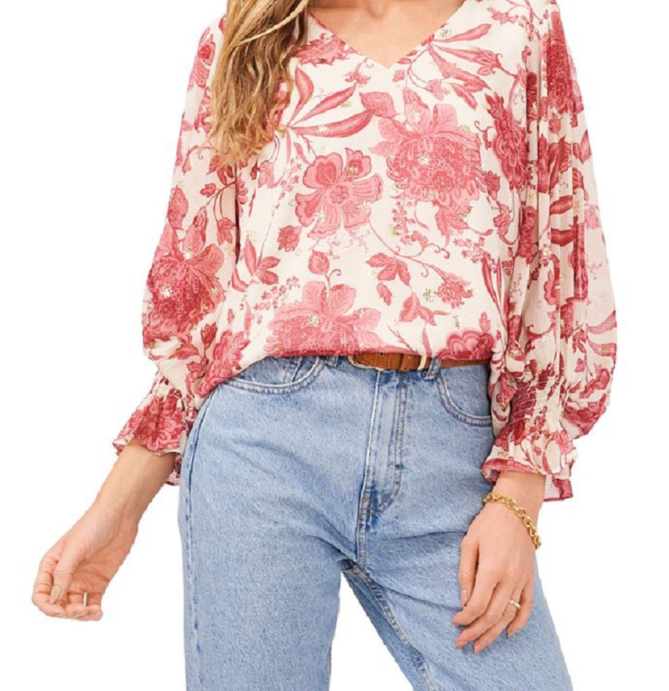 Vince Camuto Women's Gemma Floral Print Bell Sleeve Top White Size Medium