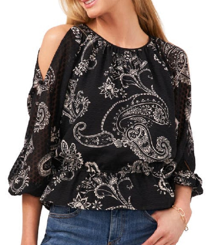 Vince Camuto Women's Blooming Paisley Cold Shoulder Top Black Size Small