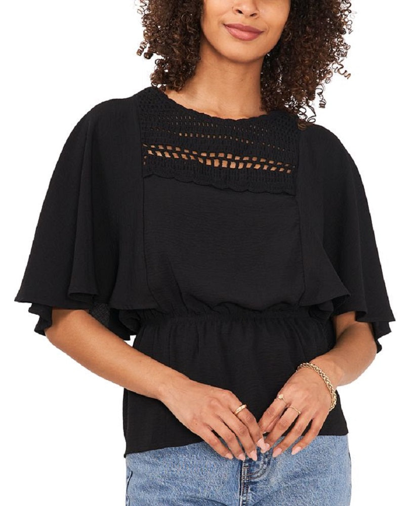 Vince Camuto Women's Crochet Yoke Peplum Blouse Black Size Medium