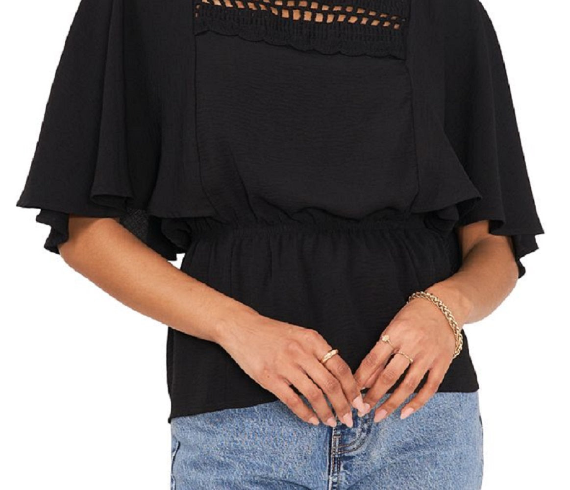 Vince Camuto Women's Crochet Yoke Peplum Blouse Black Size Medium