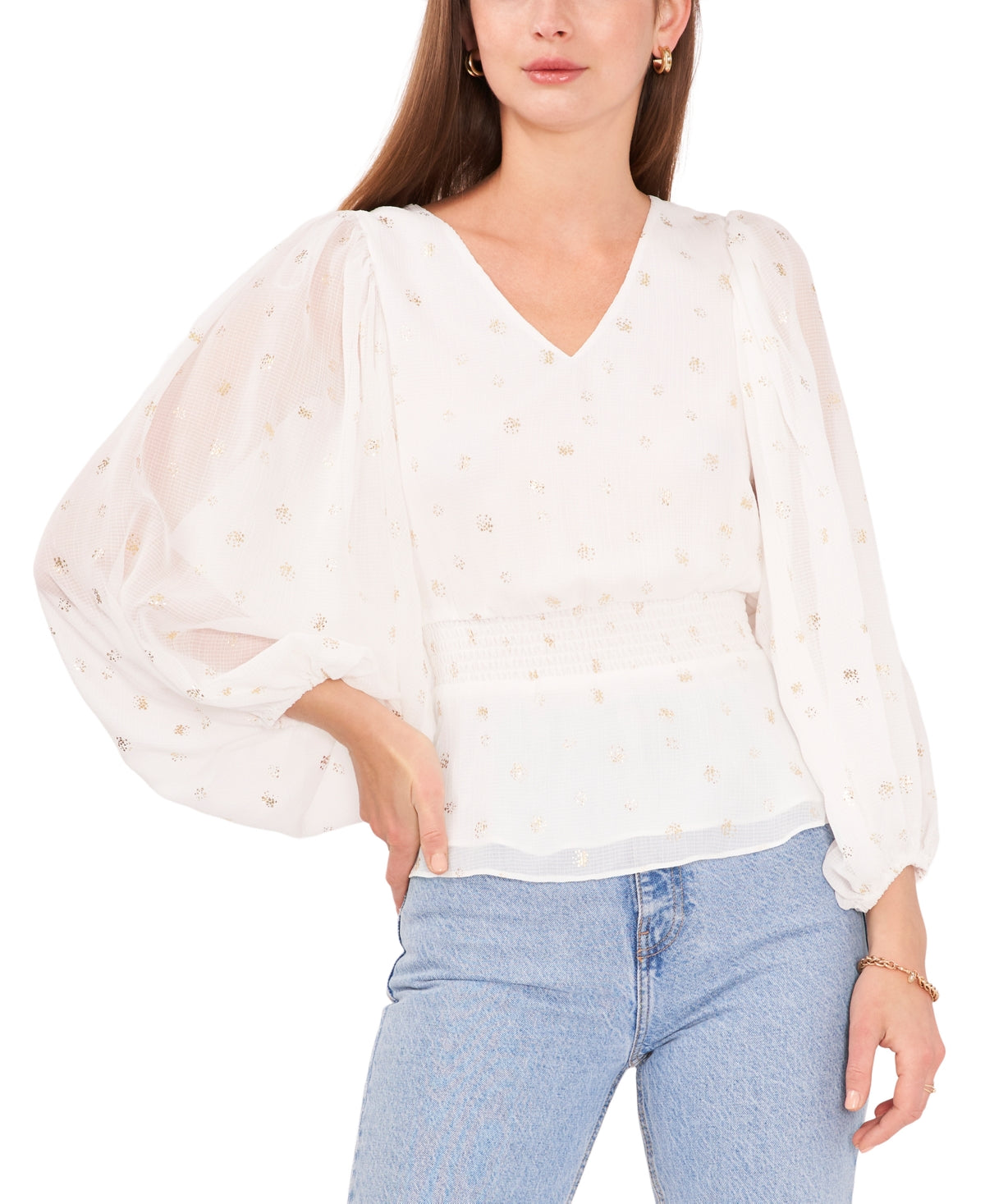 Vince Camuto Women's Foiled Smocked Hem Puff Sleeve Blouse White