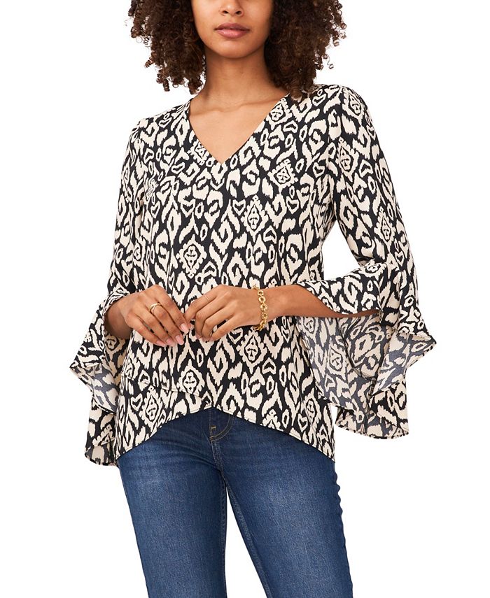 Vince Camuto Women's Etched Ikat Bell Sleeve Blouse Black Size Large