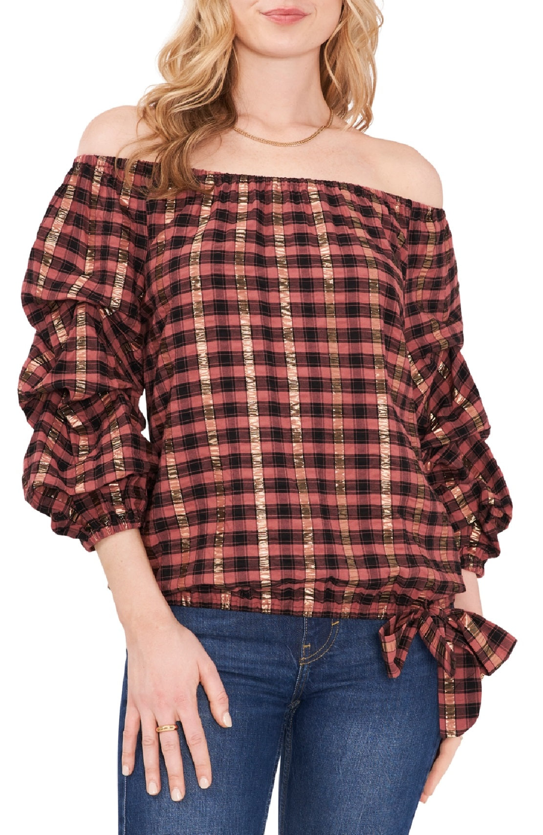Vince Camuto Women's Plaid Off The Shoulder Top Black Size X-Large