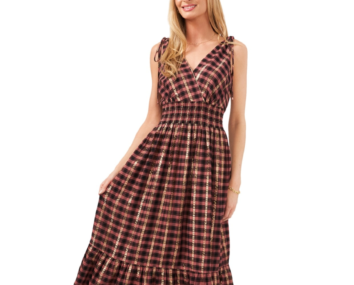 Vince Camuto Women's Metallic Pucker Plaid Maxi Dress Brown Size XX-Small