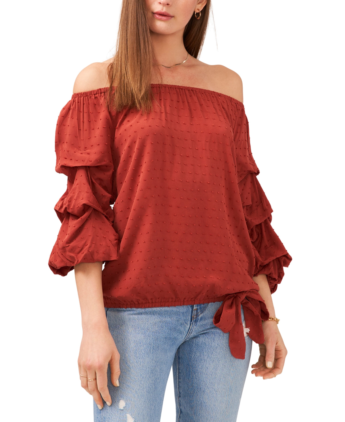 Vince Camuto Women's Off The Shoulder Clip Dot Blouse Brown Size 2X