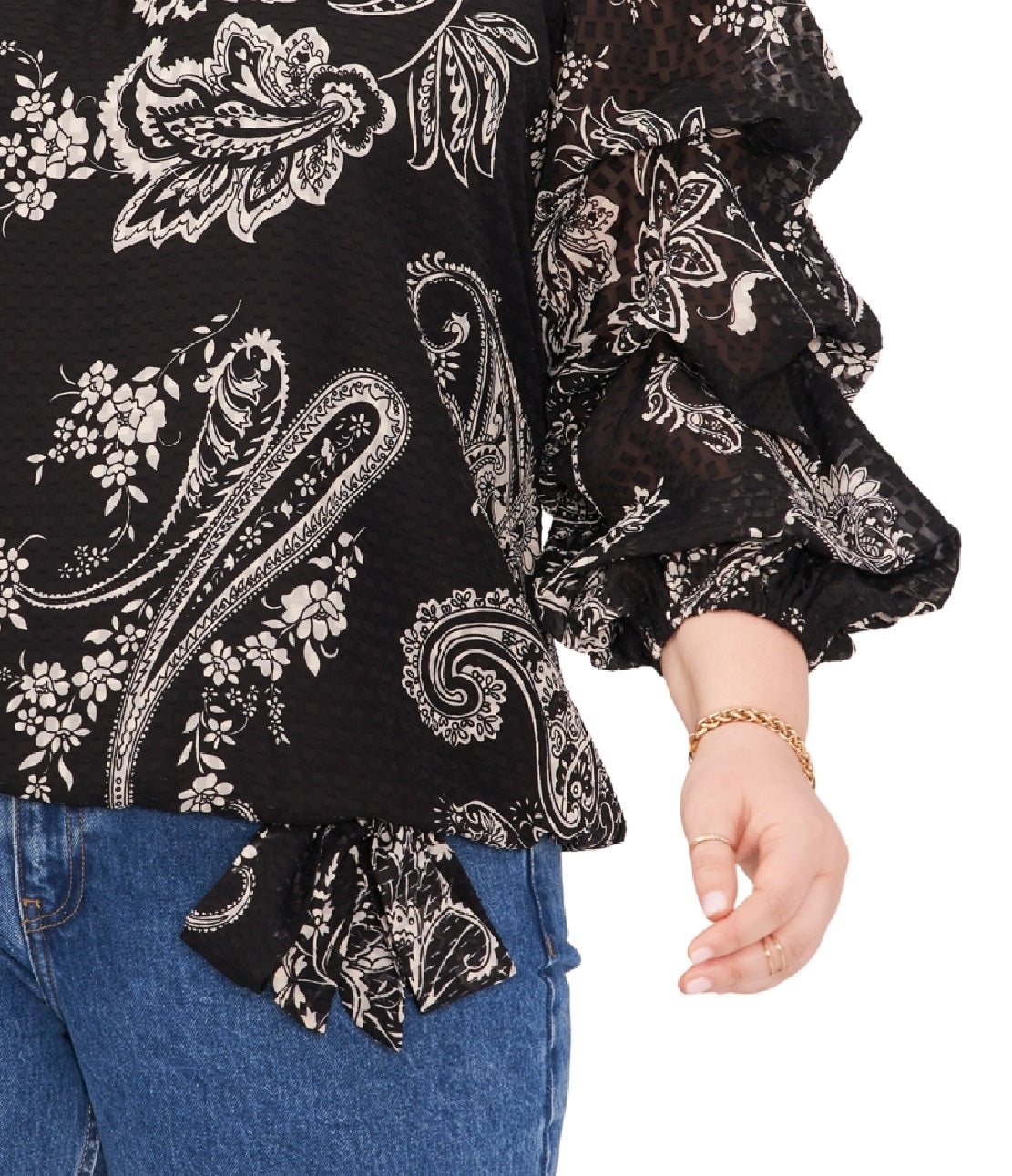 Vince Camuto Women's Printed Bubble Sleeve Off The Shoulder Tie Hem Top Black Size 3X