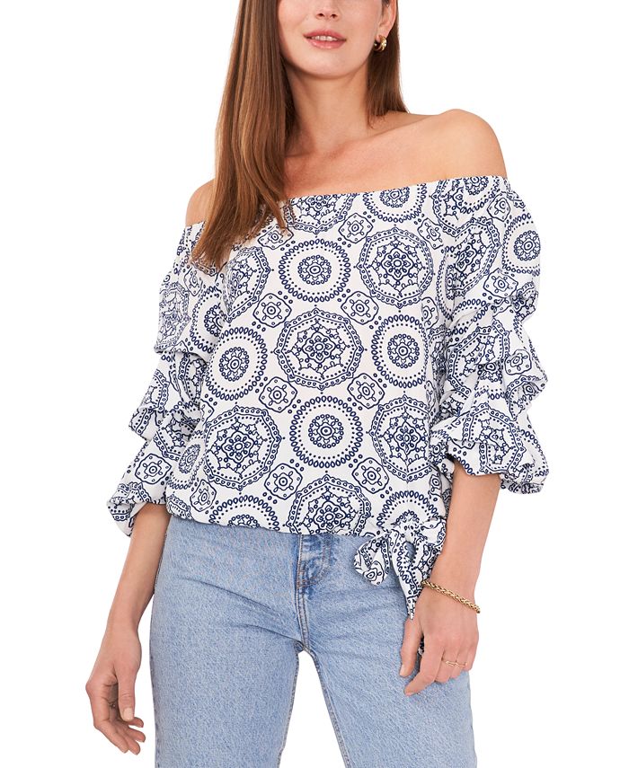Vince Camuto Women's Print Off The Shoulder Blouse White Size Large