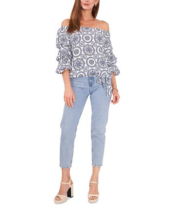 Vince Camuto Women's Print Off The Shoulder Blouse White Size Large