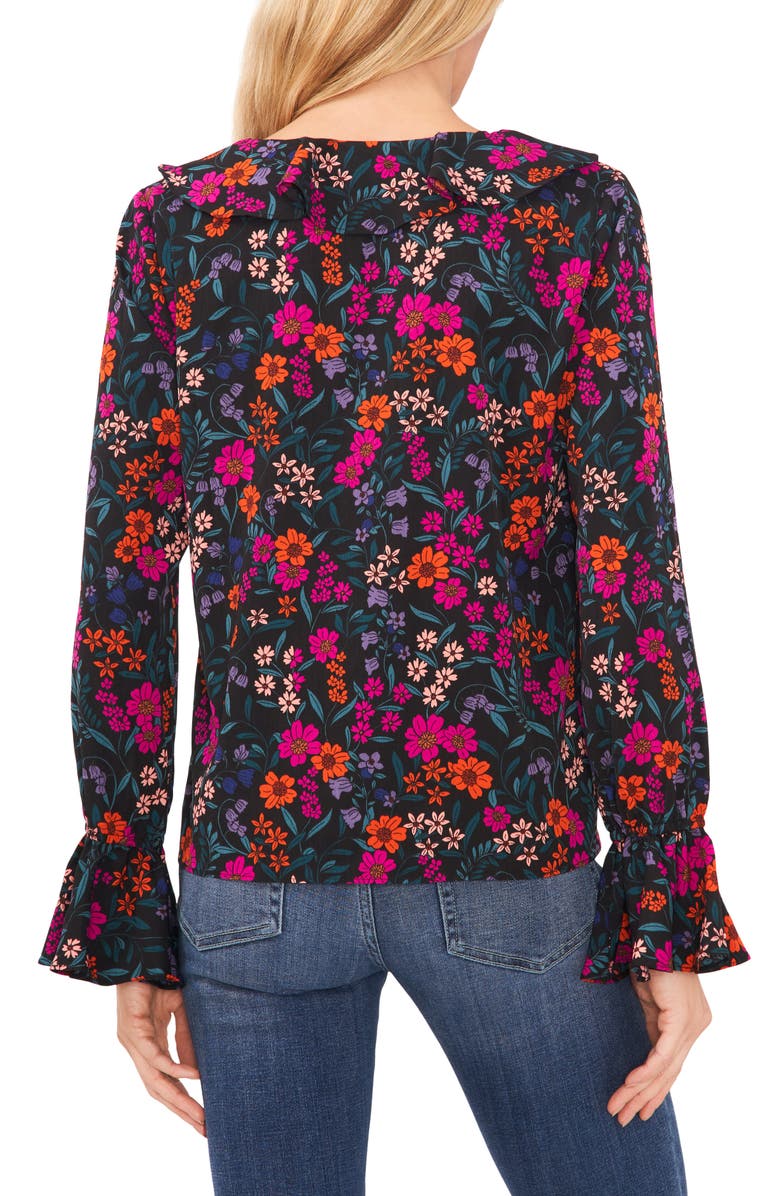 CeCe Women's Floral Print Ruffle Blouse Black Size Medium