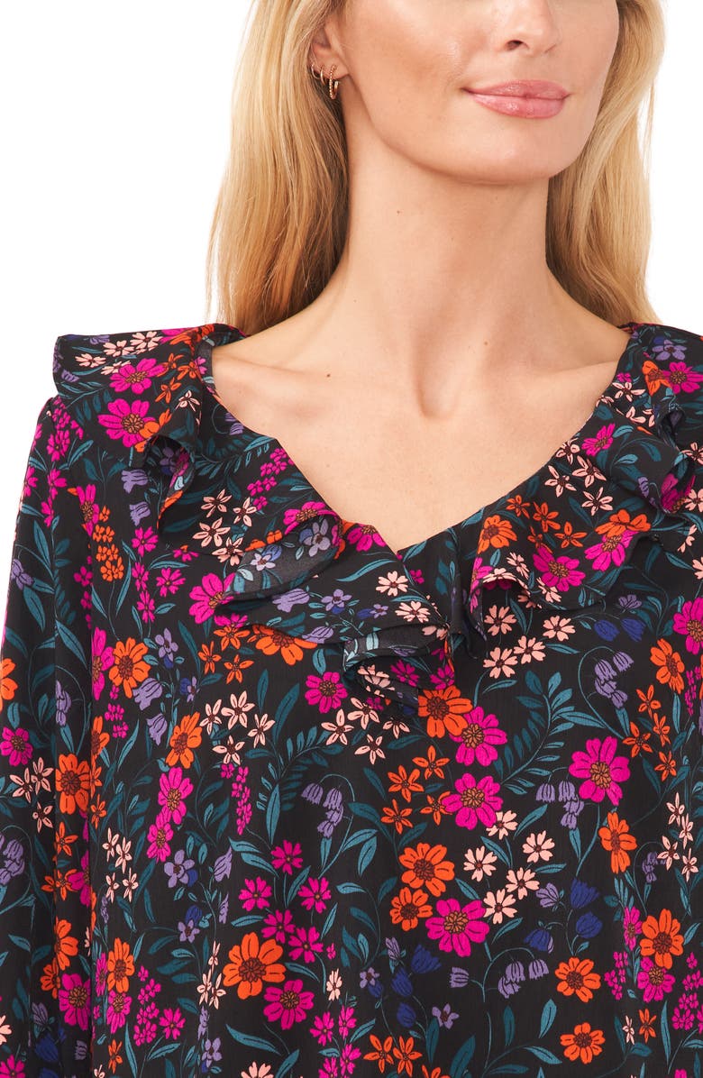CeCe Women's Floral Print Ruffle Blouse Black Size Medium