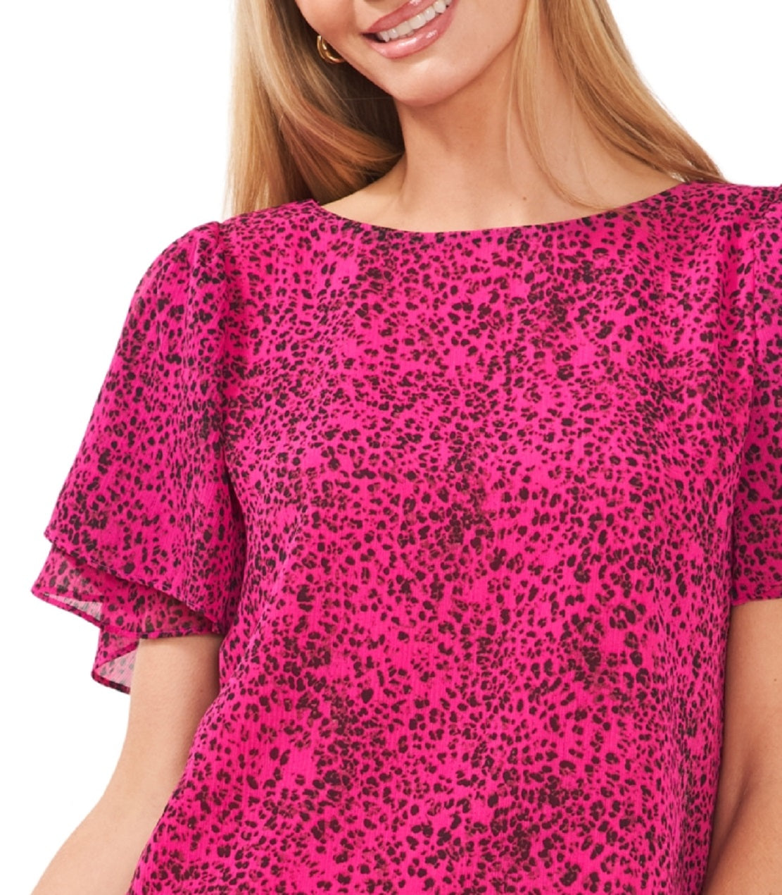 Vince Camuto Women's Printed Crewneck Petal Sleeve Blouse Pink Size Large