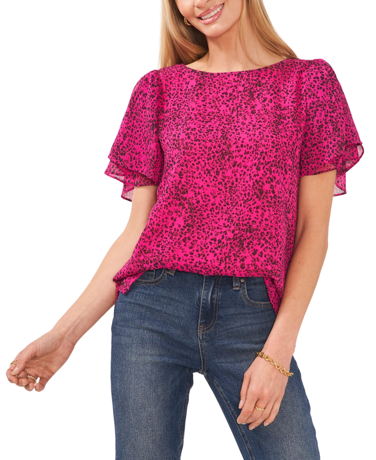 Vince Camuto Women's Printed Crewneck Petal Sleeve Blouse Pink Size Large