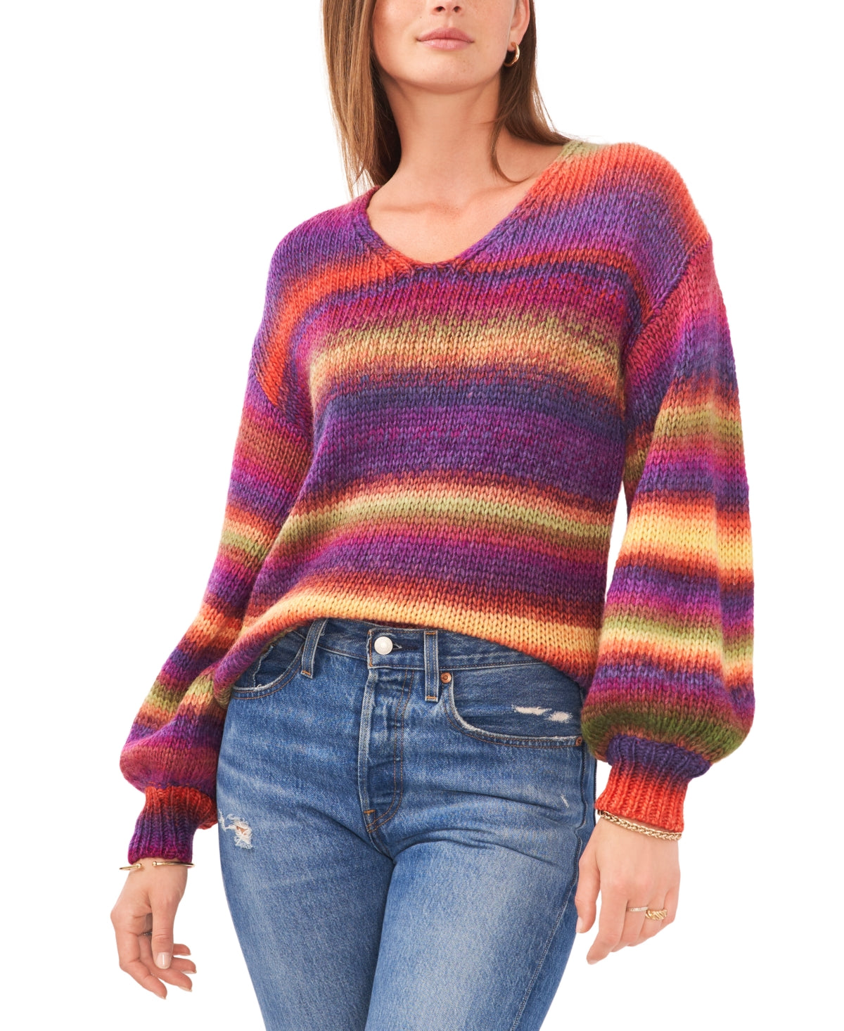 Vince Camuto Women's V Neck Long Sleeve Striped Sweater Red Size Medium