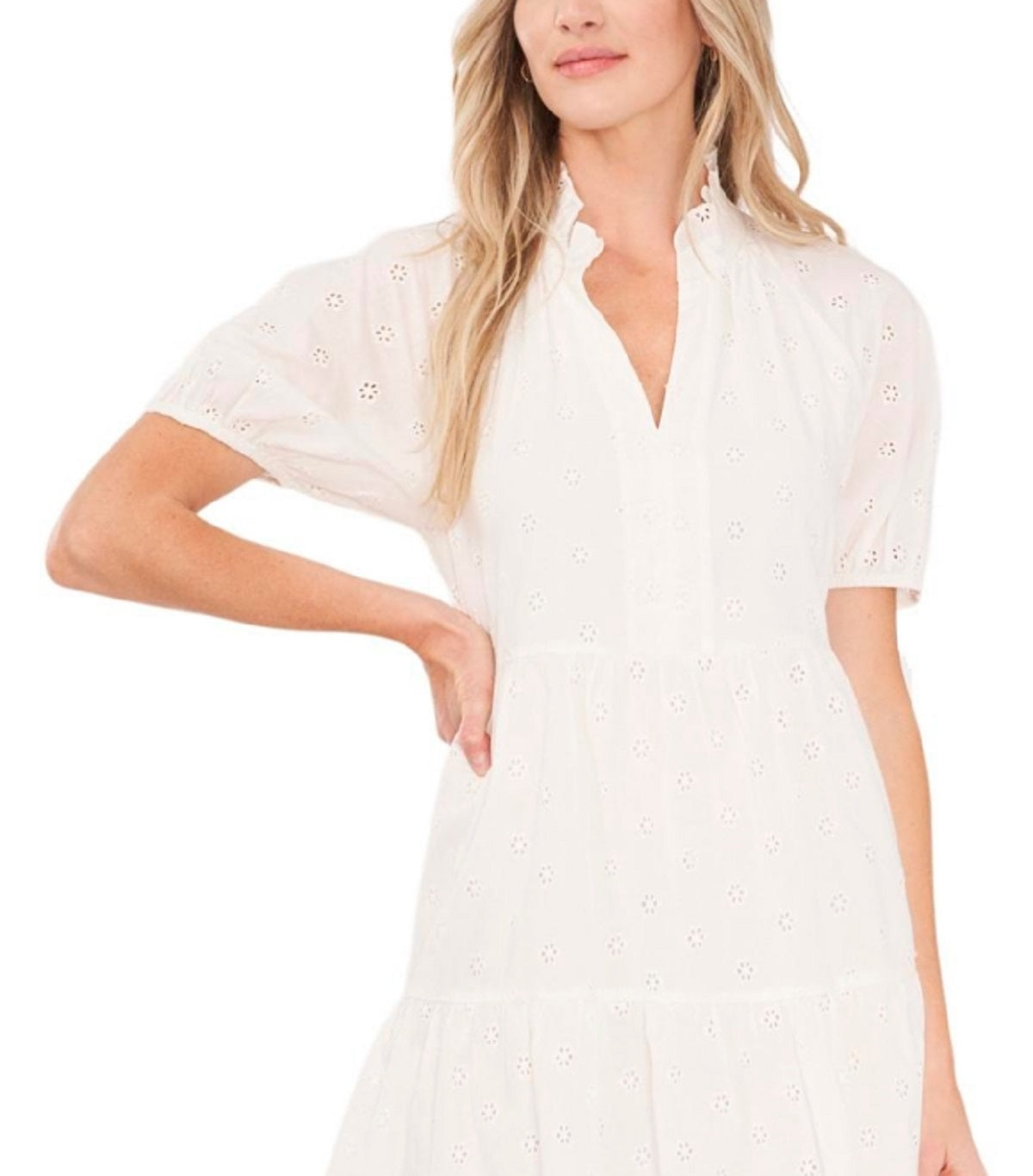 CeCe Women's Puff Sleeve Cotton Eyelet Dress White Size Small