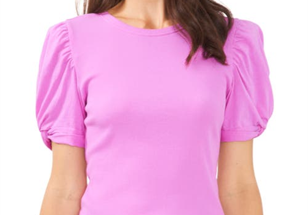 1.STATE Puff Sleeve Rib Knit T-Shirt Iris Orchid Size S