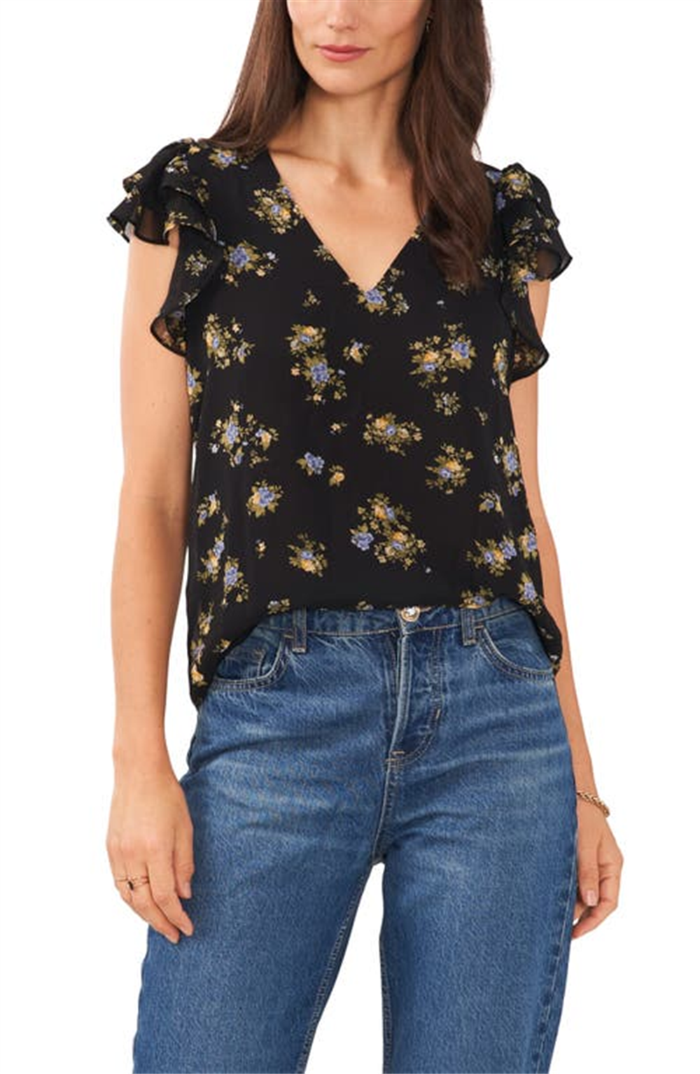 1.STATE V-Neck Chiffon Top Flutter Sleeve in Vintage Garden Size XS