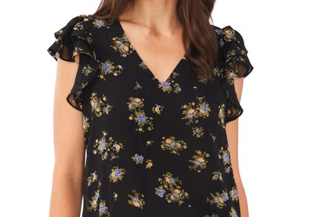 1.STATE V-Neck Chiffon Top Flutter Sleeve in Vintage Garden Size XS
