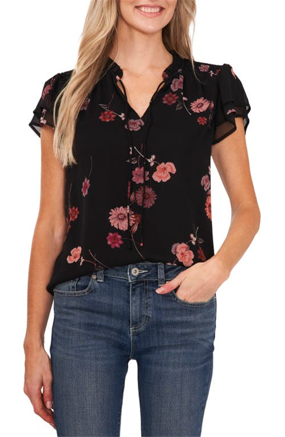 CeCe Women's Printed Flutter-Sleeve Blouse Size S