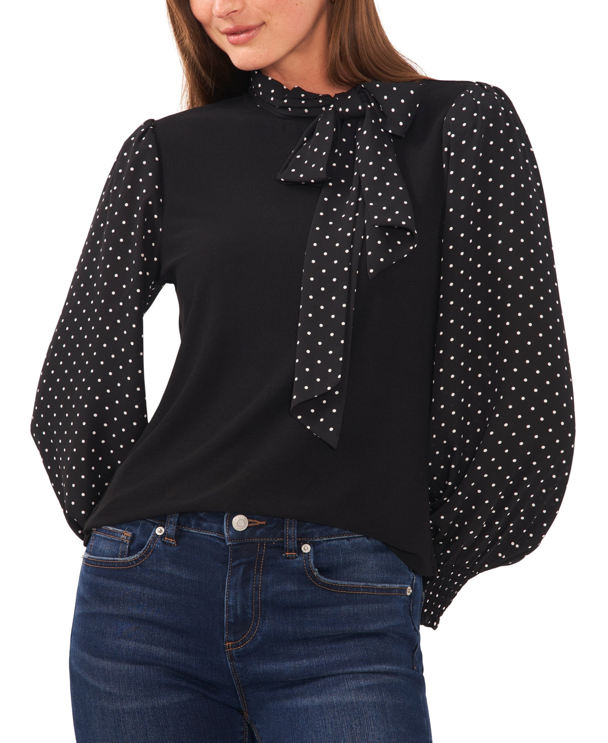 CeCe Women's Mixed Media Bow Top Black Size Small