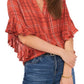 Vince Camuto Women's Plaid Ruffle Sleeve Flannel Shirt Red Size Small