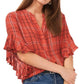 Vince Camuto Women's Plaid Ruffle Sleeve Flannel Shirt Red Size Small