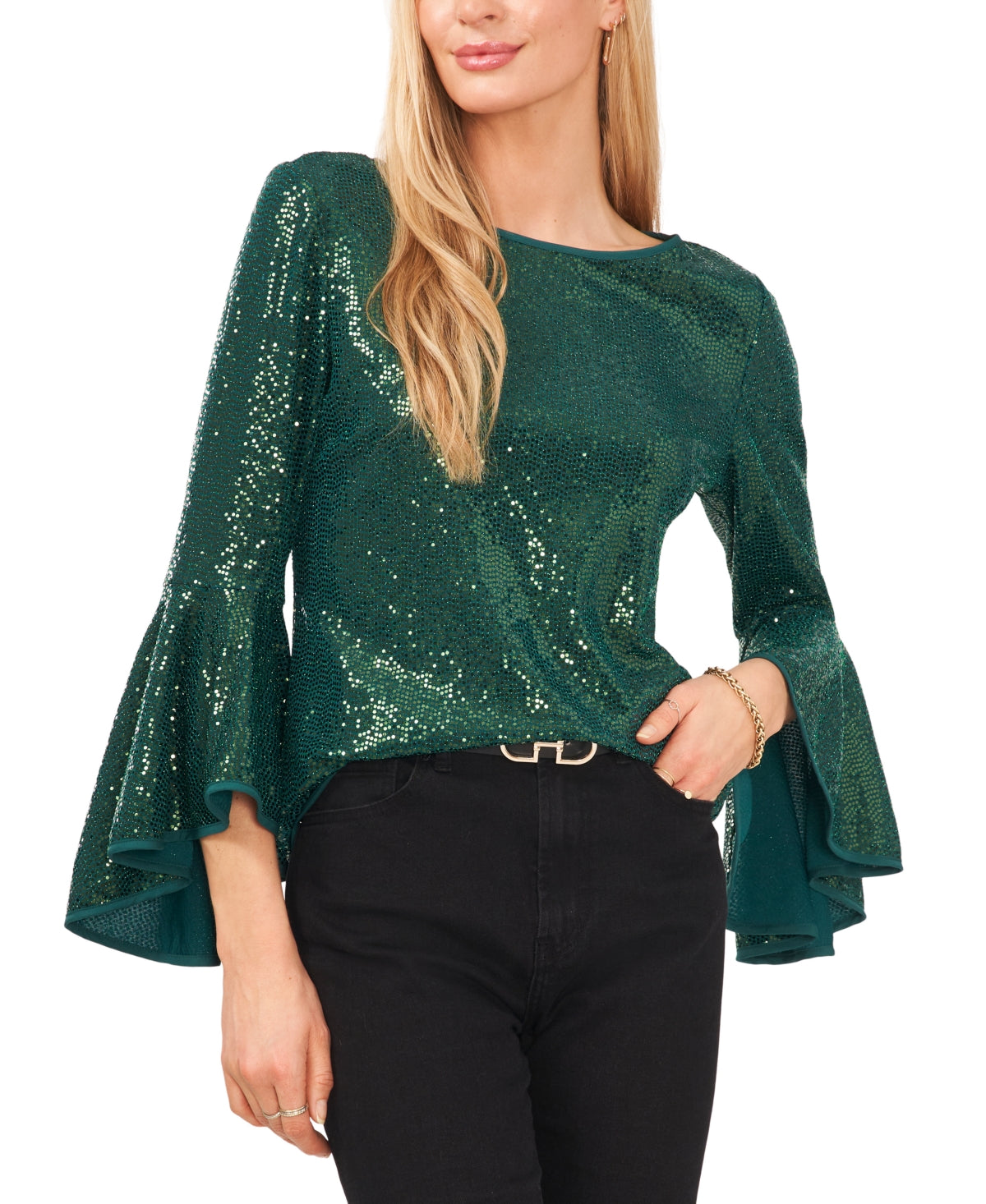 Vince Camuto Women's Sequin Bell Sleeve Top Green Size S