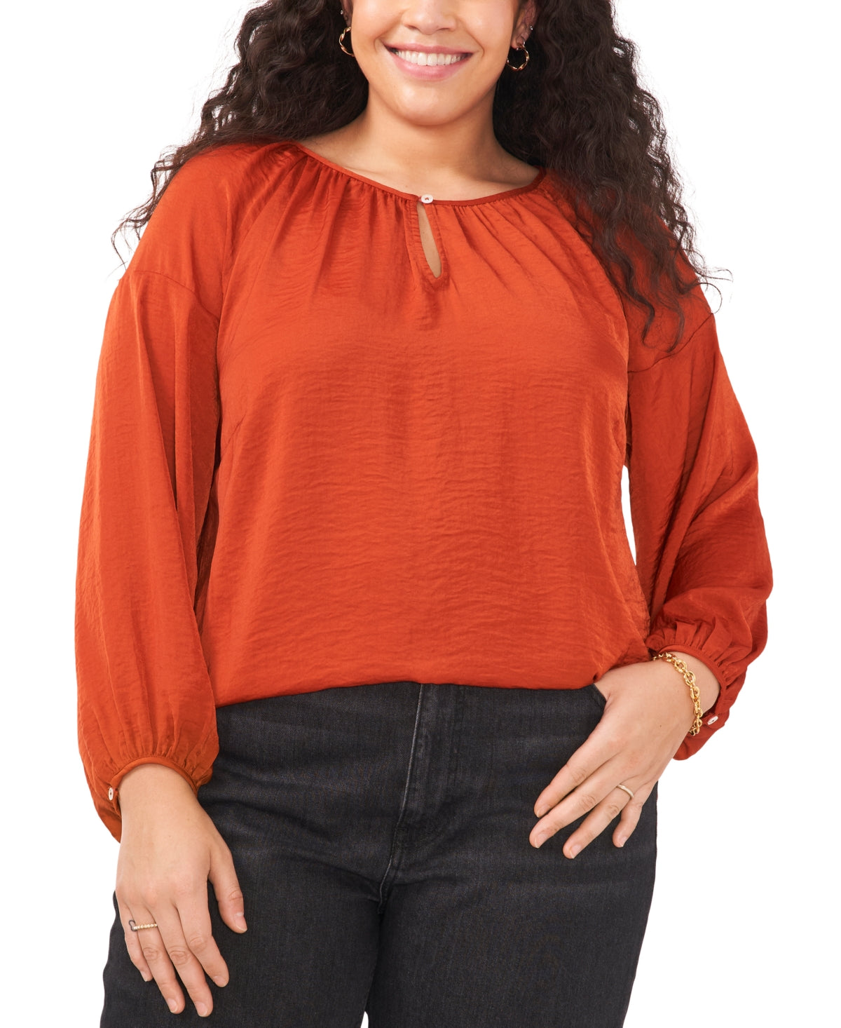 Vince Camuto Women's Keyhole Rumple Satin Blouse Orange Size 2X